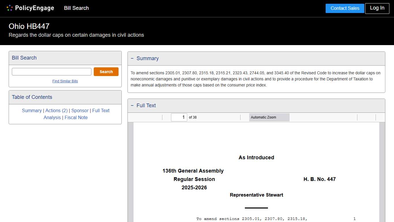HB447 Ohio 2025-2026 Regards the dollar caps on certain damages in civil actions - Legislative Tracking PolicyEngage